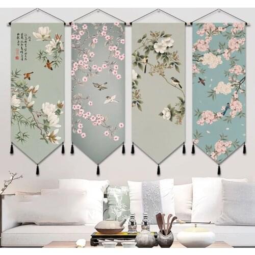 45x120cm Flowers Bird Wall Art Canvas Posters Painting Wooden Scroll Hanging Painting Chinese Style Home Decor Best Gift