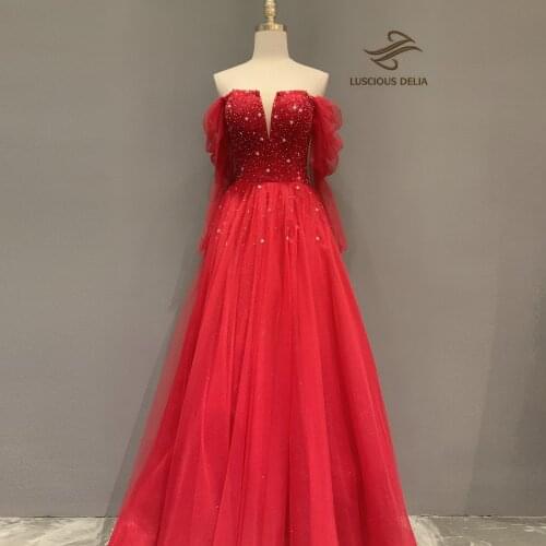 Luxury High Split Tulle Sweep Evening Dresses 2021 Beading Formal Gown A-Line Backless Dress Luscious Delia