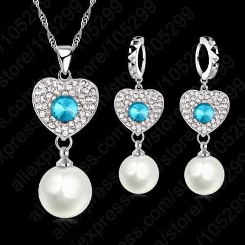 Wedding Fine Jewelry Sets Real Pure 925 Sterling Silver Cubic Zircon Crystal Pendant Necklaces Earring Pearl Engagement Set
