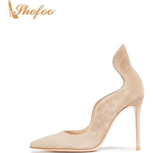 Nude Flock Stiletto High Heels Women Pumps Pointed Toe Slip On Plus Size 15 16 Ladies Summer Fashion Office Mature Shoes Shofoo
