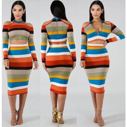 Striped Cold Shoulder Casual Fashion Spring and Autumn Womens Dress Suit Long Sleeve Round Neck T-shirt Slim Dress Sets