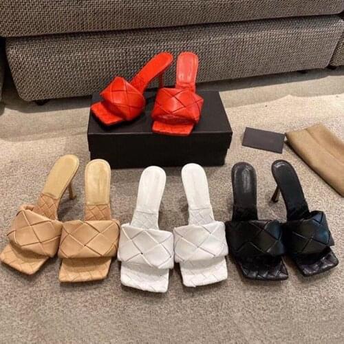 Womens shoes new European and American style square head woven high-heeled stiletto womens high-heeled sandals slippers