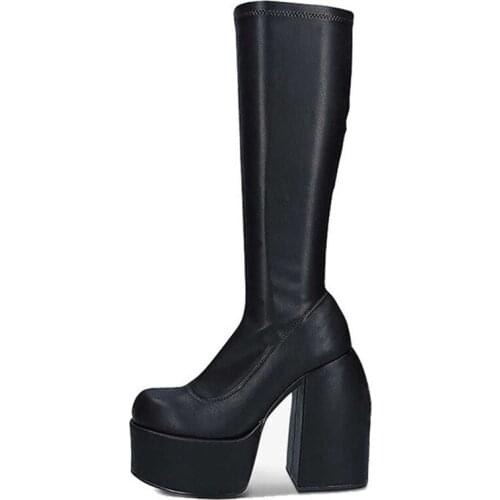 Punk Style Women Chunky Boots Elastic Microfiber Leather Womens High Boots Thick High Heel Black Goth Shoes Platform boots 2021
