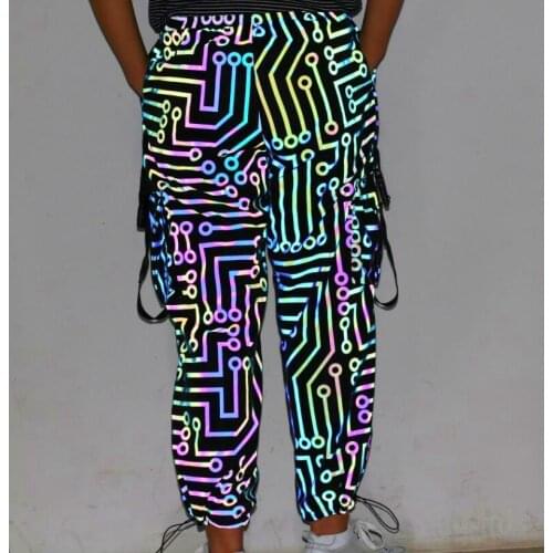 Women circuit lines reflective cargo pants hip hop joggers woman street style ribbons multi pockets sweatpants