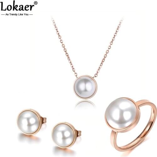 Lokaer Trendy White Simulated Pearl Necklace Earrings Rings Sets Titanium Steel Rose Gold Color Wedding Jewelry For Women SE017