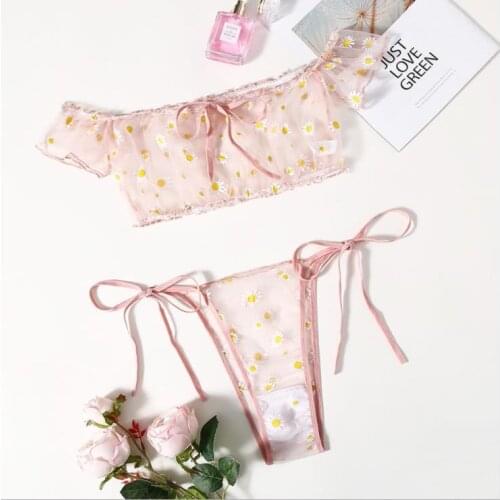 Women Sexy Mesh Lingerie Set Off Shoulder Daisy Print Perspective Bra Panty Set Lace Up Ladies Exotic Underwear Set Nightwear