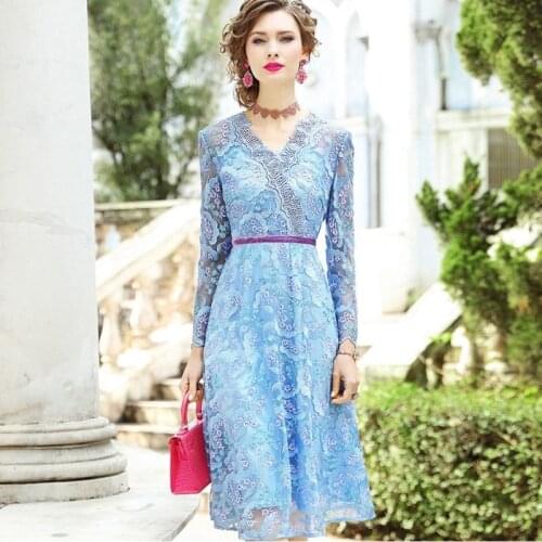 Grace Women 2020 New Spring Lace Summer Long Sleeve Dress Mesh Embroidery Dress Plus Code Womanliness Retro Flower Party Dresses