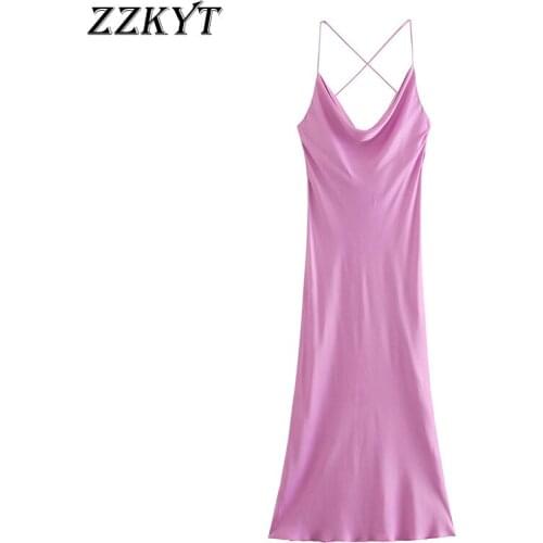 ZZKYT 2021 Women Summer Vintage Solid Silk Satin Texture Midi Dress Sexy Sleeveless Backless Tin Tie Straps Female Party Dresses