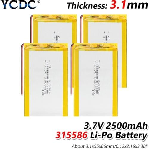 1/2/4PCS LI-ION BATTERY 315586 Li-polymer Batteries RECHARGEABLE 3.7V 2500mAh FOR MP3 MP4 MP5 bluetooth-compatible HEADSET GPS