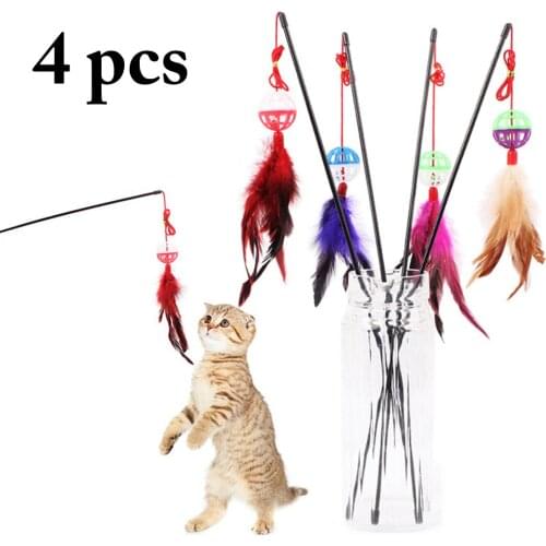 4PCS Gradient Color Feather Plastic Bell Ball Funny Cat Stick Wand Fake Feather Bell Kitten Interactive Toy Cat Teaser Toy