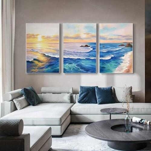 Handmade Seascape Abstract Canvas Painting Wall Art Picture For Living Room Home decoration Three Pieces Sunset
