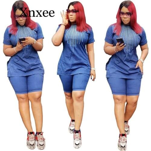 African women clothing Africa summer short sleeve dashiki set design lady blouse top with pants sport set short pants blue
