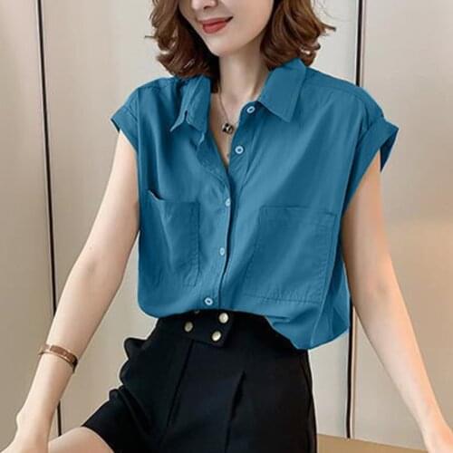 Womens Spring Summer Style Cotton Blouses Shirt Womens Turn-Down Collar Solid Color Short Sleeve Pockets Korean Tops DD9013