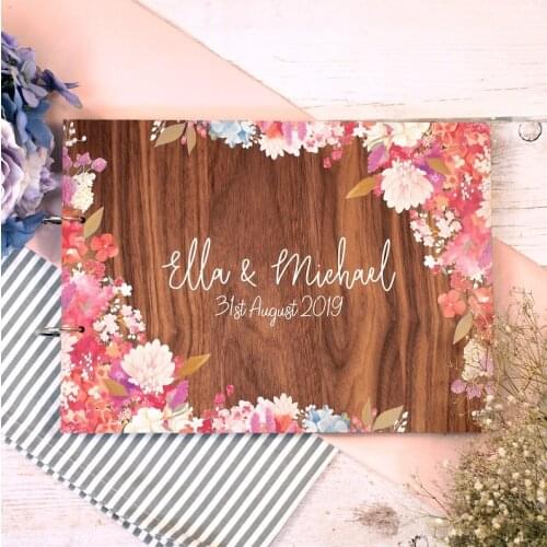 Wedding guest book guest book, personalised guest book pink flowers wedding guestbook wooden guest book guestbook rustic wedding