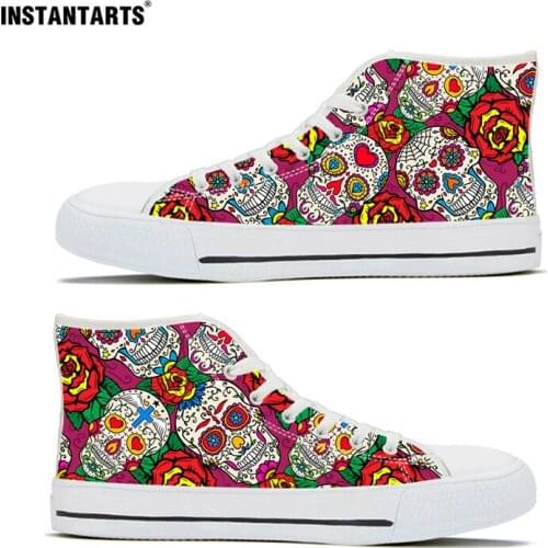 INSTANTARTS Gothic Sneakers Women Flats 2020 Drop Shipping Sugar Skull Design Higt Canvas Vulcanized Ladies Shoe Footwear Female