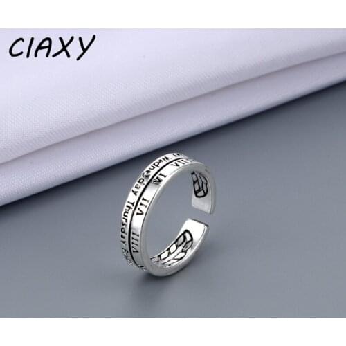 CIAXY 925 Sterling Silver Vintage Roman Numerals Rings for Unisex Lettering Adjustable Ring Thai Silver Fine Jewelry