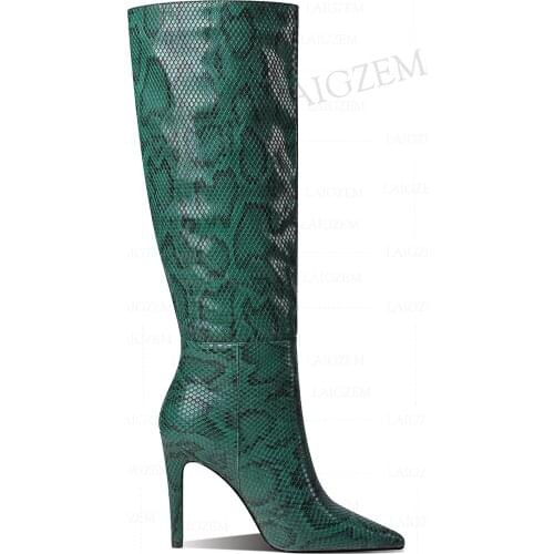 LAIGZEM FASHION Women Knee High Boots Pull On Thin High Heels Pull On Ladies Snake Print Female Shoes Woman Size 36 38 41 43
