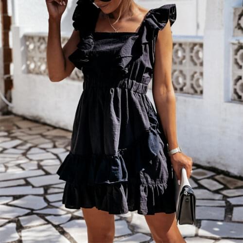 Ruffle Party Dresses Summer Sexy Sleeveless Elegant Chic Halter Back Bandage Beach Dress Women Casual Cotton Linen Dress G2708