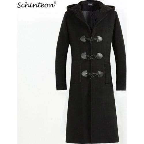 Schinteon Men Winter Wool Long Jacket Trench Coat Slim Outwear with Hood Horn Button England Style Clothing