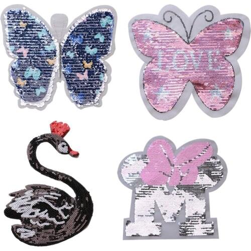 Fashion Sequin Butterfly Swan Letter M icon embroidery Applique Patches For kawaii clothes DIY Iron on Badges on a backpack