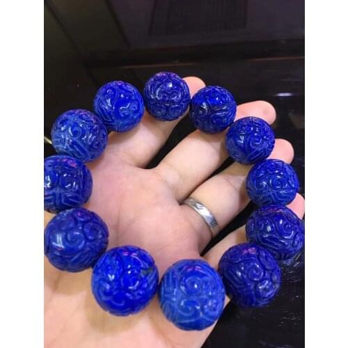 Genuine Natural Lapis Lazuli Royal Blue Stone Craved 20mm Flower Craved Round Beads Women Man Stretch Bracelet AAAAA Certificate