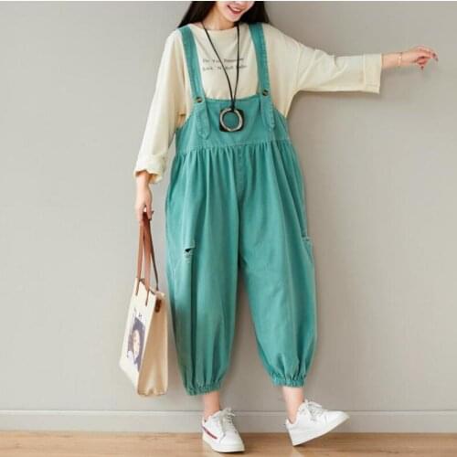 Autumn New Solid Color Loose Ankle Length Lantern Jumpsuit Personalized Washed Holes Adjustable Straps Pants