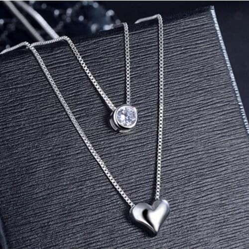 925 Sterling Silver Necklace Double Layer Chain Zircon Heart Pendants Necklaces For Women kolye Choker