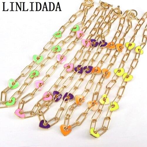 3Pcs 2020 Fashion Style Gold Color Plated Oil Drop Heart Shape Link Chain Brass Necklace For Woman