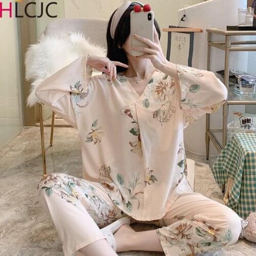 Pyjamas Women Spring Summer100% Viscose Sleepwear printing Pajamas Set Female Night Suits New Pijama Sets 2 Piece 2021 Home Wear
