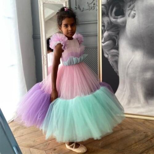 Rainbow Flower Girl Dress Jewel Neck Tulle Ruffles Cap Sleeve Kids Gowns For Wedding Birthday First Holy Communion Dresses
