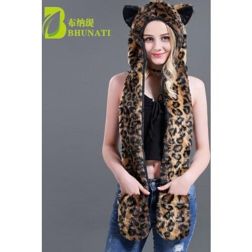 2018 Leopard Luxurious Women Cartoon Cap Belt Scarf Faux Fur Hat Female Winter Animal Fur Cap Bomber Hats Christmas Gift