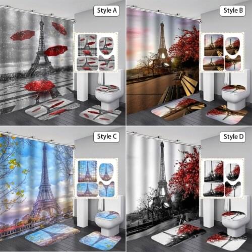 Paris Landscape 3D Print Fabric Shower Curtain Eiffel Tower Non-Slip Rugs Toilet Lid Cover Bath Mat Carpet Bathroom Curtains Set