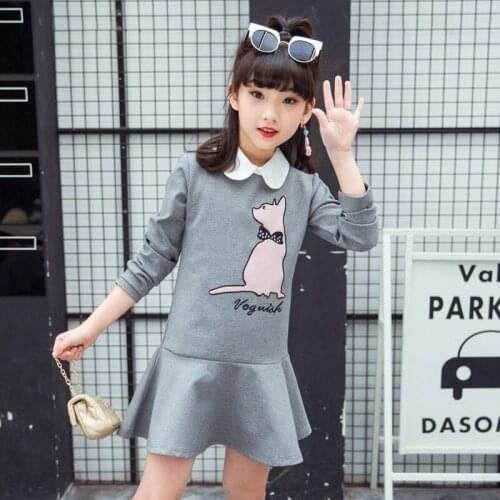 Girls spring dress 2020 kids dresses for girls long sleeve dress cartoon cat little girls clothes size 3456 7 8 9 10 11 12 years