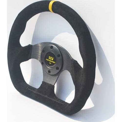 High Quality D Style Suede Leather Car Steering Wheel Universal Rivet Racing Steering Wheel With Yellow Stripe