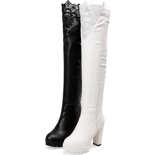 Ladies Winter Sexy Lace Chelsea Boots Ladies Super High Heel Round Toe Over the Knee Boots Waterproof Thick Bottom Slip On Shoes