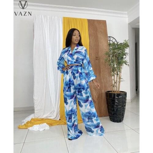 VAZN 2021 Top Quality Sexy Full Sleeve O-neck Loose Office Business Shinny High Waist Long Pant Skinny Women 2 Piece Set