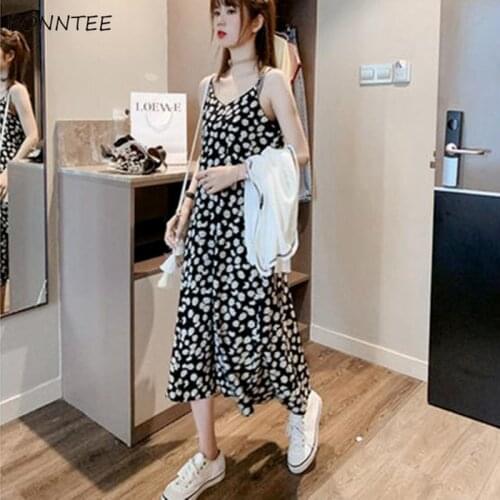 Dress Women Sleeveless Floral Summer Thin Mid-calf Soft All-match College BF Vestido De Mujer Breathable Black Casual Harajuku