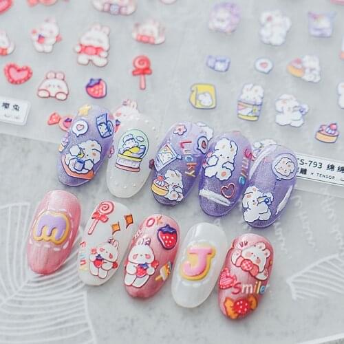1Pc 5D Nail Cartoon Rabbit Decal Self Adhesive Love Nail Sticker Sweet Colorful Lollipop Manicure Decoration Accessories