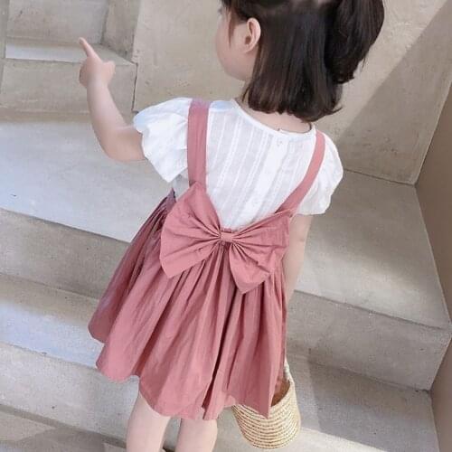2021 Girls Summer Clothing Set White cotton Tees Shirts +big bow dress Skirts,baby Kids Fahsion Birthday Wear Children Clothes