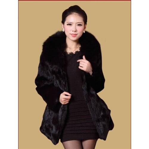 EMS Free shipping new spring whole skin rabbit fur coat with fox fur collar women long full pelt fur jacket plus size