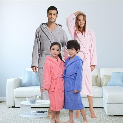 Kids Casual Homewear Winter халат домашний Solid Family Robe Adult Boy Girls Hooded Toweling Terry Robe Cotton warm Bathrobe