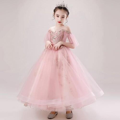High-End Sequined Mesh Stitching Children Weddings Evening Gown Short Sleeve Girls Princess Dresses Vestidos L1094