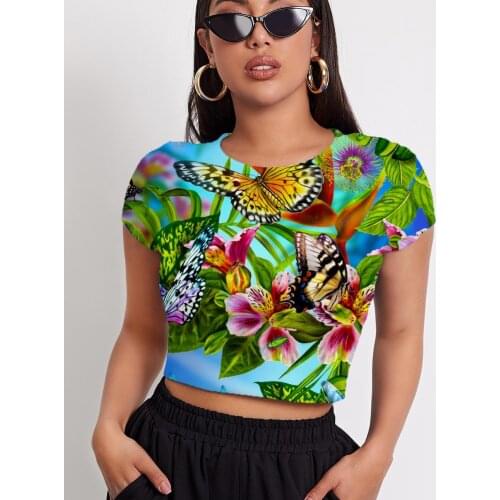 3d Tshirt Butterfly T shirt Women Flower Navel Bare Animal Shirt Print Colorful Tshirts Casual Womens Clothing Summer New Style