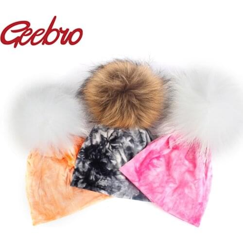 Geebro Newborn Baby Girls Tie dye Cute Cotton Casual Hat With Real fur pompom Kids Autumn Winter Printing Skullies Beanie Cap