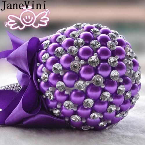 JaneVini Sparkly Rhinestones Crystal Wedding Bouquet Pink Satin Pearls Beaded Bridesmaids Flower Girls Holding Flowers Bouquets