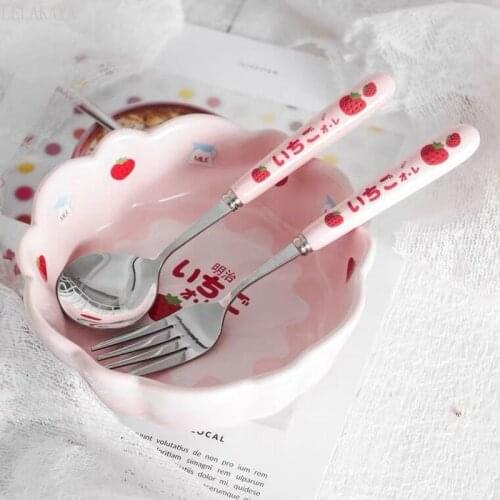 Salad Rice Ceramic Bowl spoon fork Girl Cute Lovely Pink Strawberry Student Breakfast Oatmeal Snack Kitchen Dinnerware tableware