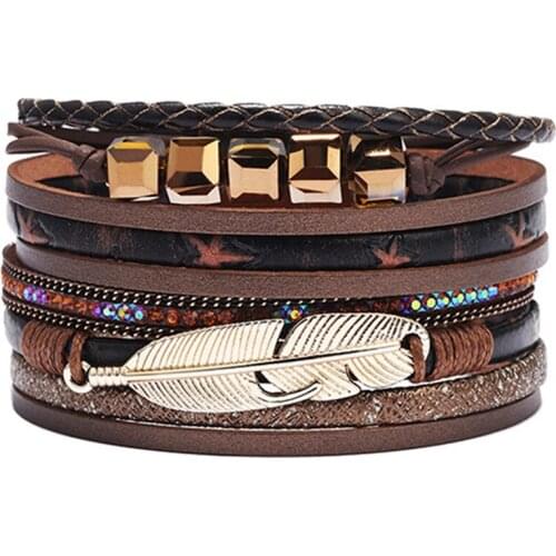 Korean Womens Bracelet, Diamond-Studded Leather Bracelet, Alloy Feather Accessory, Jewelry