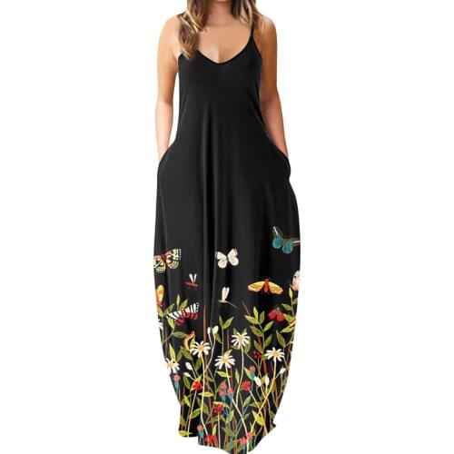 Butterfly And Flower Print Summer Dresses Women Plus Size Boho Beach Sundress Elegant Lady Poket Sundress Платье Летнее Vestidos
