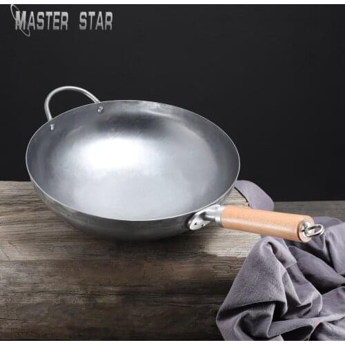 Master Star Upgraded Version Chinese Iron Wok Wooden Handle With Ear Handmade Non-Coating Traditional Pot Gas Cooker Top Quality