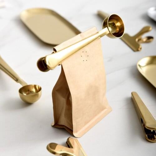 Nordic Style Fashion Elegant Two-in-one Durable Stainless Steel Tea Coffee Spoon Food Clip Kitchen Gold Sealed Clip